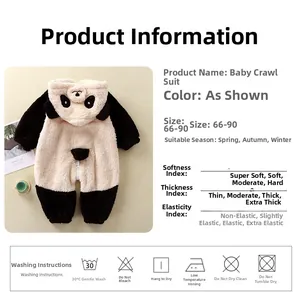 Detailed chart for panda baby romper showing plush texture, sizing, and washing guide