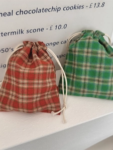 Set of two vintage plaid drawstring cotton linen storage bags in red and green colors