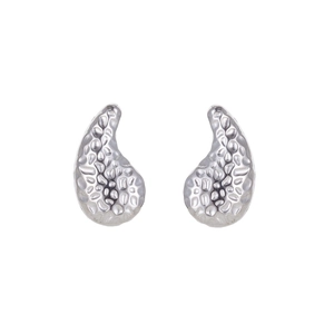 Detailed view of silver flower earrings with hammered texture and polished steel finish