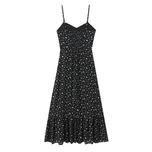 Close-up of floral maxi dress showing elastic smocked back and delicate ruffle hem details