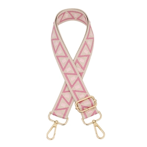 Adjustable crossbody shoulder strap with pink geometric triangle pattern and gold hardware