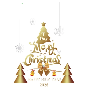 Golden Christmas tree wall stickers with festive snowflakes and 2026 New Year decorations