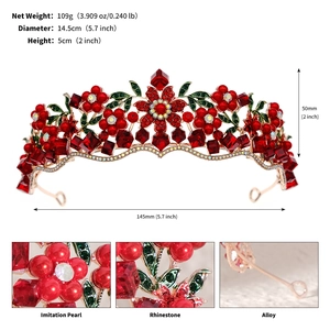 Detail view of retro flower bridal crown showing size specs and material textures