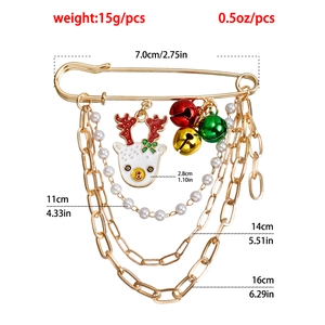 Christmas multilayer chain brooch with reindeer, bells, and pearls on gold safety pin