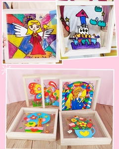 Detail of wooden picture frames with acrylic glass for children's DIY art and paintings