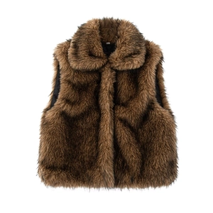 Front view of a brown faux fur vest with premium plush texture on a white background