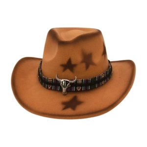 Detail of brown wool cowboy hat with star patterns and ethnic band with bull head
