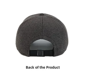 Rear view of thick wool baseball cap featuring adjustable strap and textured fabric