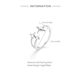 Detailed specs of S925 sterling silver open ring with dimensions and triple star charms