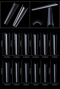 Size chart showing 12 sizes of extra long flat square transparent nail tips in mm