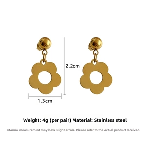 Detailed view of 22mm x 13mm gold flower earrings made of polished stainless steel