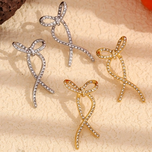 Butterfly Stud Earrings 18K Gold Plated Stainless Steel Distorted Twisted Ribbon Full Rhinestone Sparkly Jewelry For Women