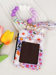 Floral print card holder keychain with purple silicone bead wristlet and tassel charm