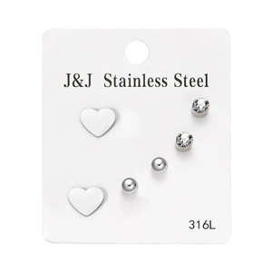 Detailed set of 316L stainless steel studs featuring heart, rhinestone, and ball designs