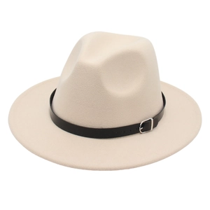Close-up of fedora hat felt texture with black leather decorative band and silver buckle