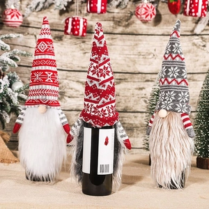 Christmas gnome wine bottle covers set with knitted hats and white plush beards for decor