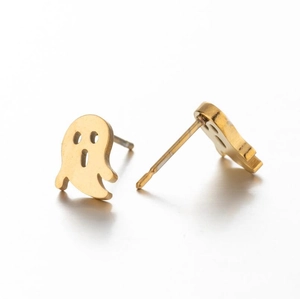 Polished gold Halloween ghost stud earrings in stainless steel with a minimalist design