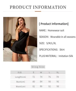 Detailed size chart for women's imitation silk sleepwear showing measurements from S to XL