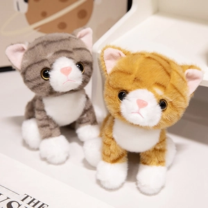 Plush lifelike cat toy keychains in grey and orange stripes with realistic glass eyes