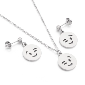 Polished silver stainless steel jewelry set with winking smiley face necklace and earrings