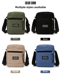 Detailed color selection showing green, black, khaki, and blue nylon crossbody phone bags