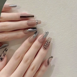 Long Coffin Press On Nails Silver Metallic Mirror Powder Graffiti Letter Black Lines Street Style Women Artificial