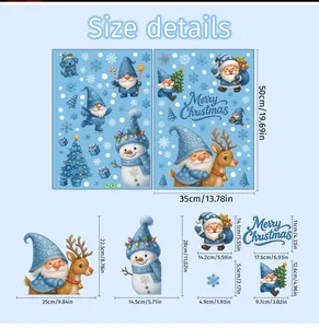 Detailed size chart for blue Christmas window stickers featuring Santa and snowflake icons