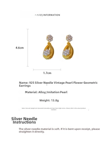 Detail view of vintage gold geometric earrings with pearls, size 4.6cm by 1.7cm