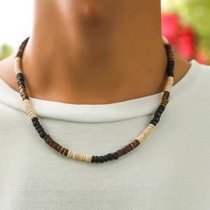 Men Beaded Necklace Mixed Color Wood Coconut Shell Beads Bohemian Ethnic Style Clavicle Chain Accessory