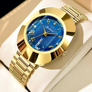 Elegant gold stainless steel watch with blue roman dial and faceted bezel on pillow