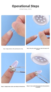 Détails des étapes de nail art avec lampe UV, application de colle et pose de strass brillants