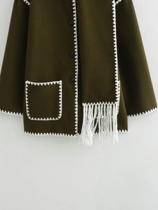Army green wool coat with integrated scarf and white contrast stitching details