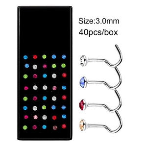 Lot de 40 piercings de nez en acier inoxydable avec strass de 3mm et boîte de rangement