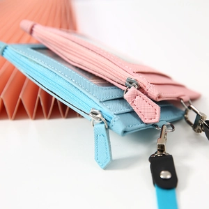 Fashionable PU leather card holder with lanyard and zipper pocket in pink and blue colors