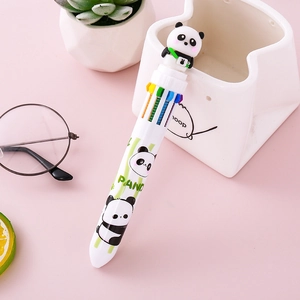 Cute panda 10-color retractable ballpoint pen with 3D cartoon topper on pink background