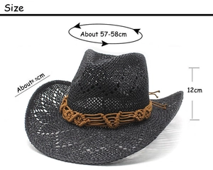 Detailed size specifications for the black hollow-out straw cowboy hat on white background
