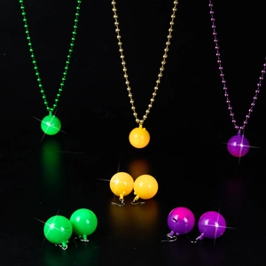 Disco ball necklace and earrings set in green, yellow, and purple with reflective finish