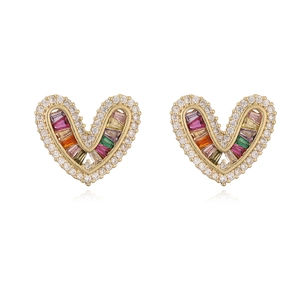 Luxury 18K gold plated heart stud earrings featuring colorful crystals and clear zircons