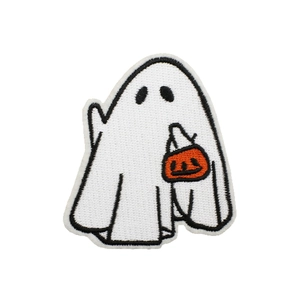 Embroidered Halloween ghost patch holding a pumpkin bucket with high-quality stitching