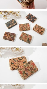 Detail of floral cork wallet showing card slots and zipper pocket for efficient storage