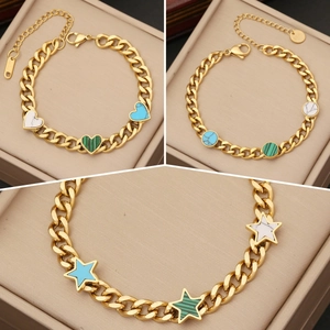 Bracciale In Acciaio Inossidabile Di Moda Pendenti Cuore Stella Tondo Pietra Colorata Gioielli Regolabili Per Donna