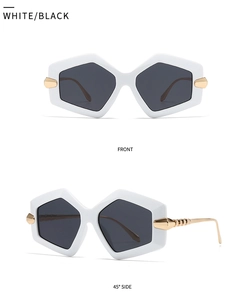 Front and 45-degree side view of oversized hexagonal white sunglasses with gold metal temples