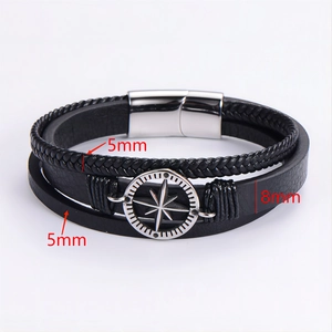 Classic black layered leather bracelet for men featuring a silver compass and magnetic clasp