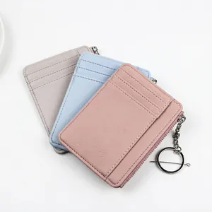 Slim lychee leather card holder set with zipper pocket and keychain in three soft colors