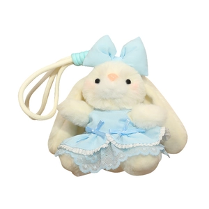 Cute white plush rabbit keychain in blue lace dress with white braided lanyard strap