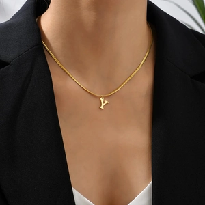 Initial Letter Necklace 18K Gold Plated Stainless Steel Minimalist Herringbone Snake Bone Chain Fashion Jewelry For Women