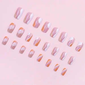 French press-on nails set with orange and pink abstract wave patterns in glossy square-oval shape
