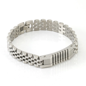 Polished silver stainless steel watch link bracelet for men with secure folding clasp