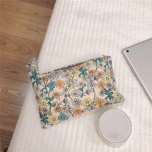 Floral cotton small tote bag for makeup and phone storage with zipper and hand strap