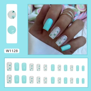 Long square mint blue press-on nails with daisy floral art and silver glitter French tips